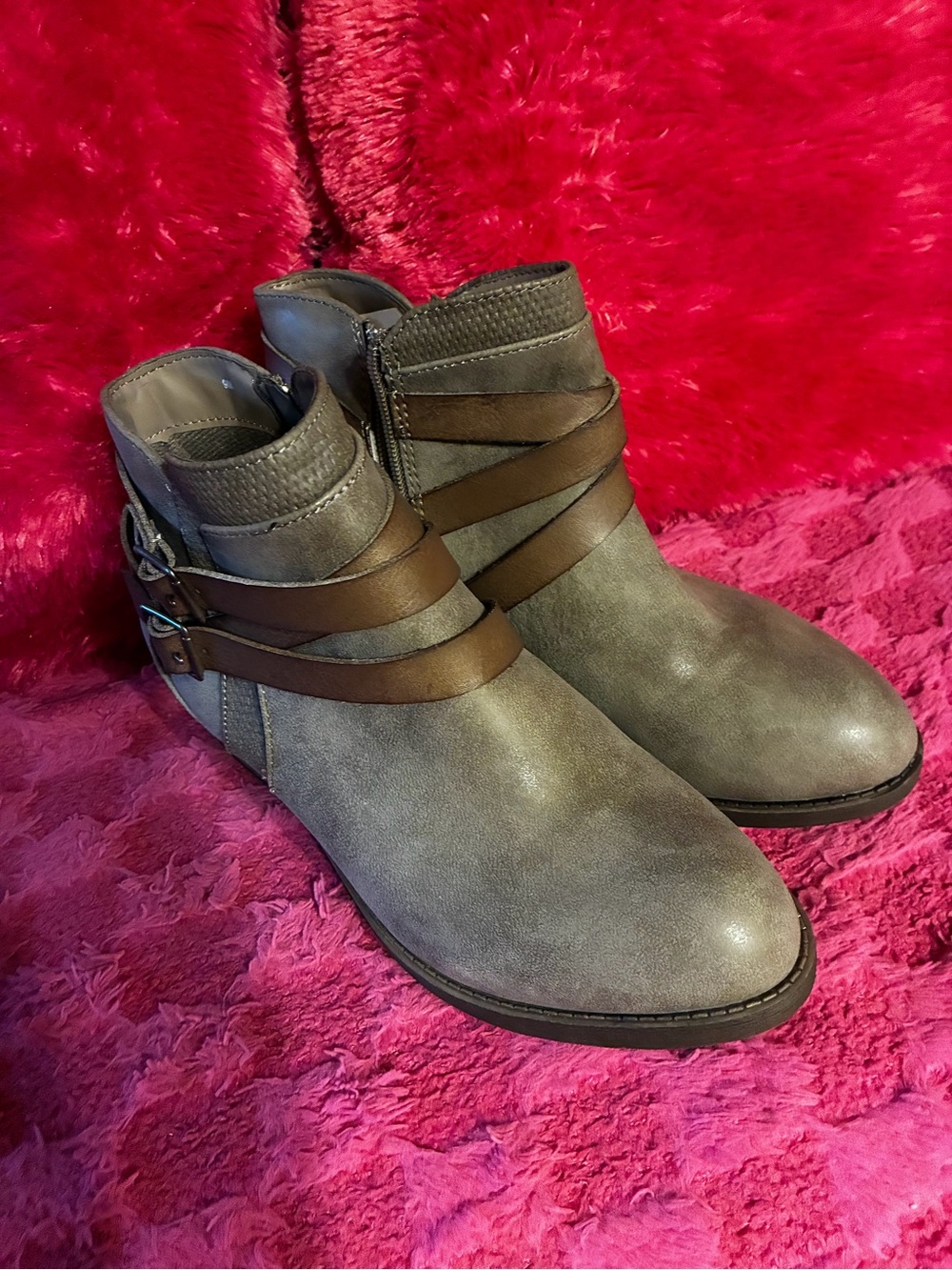 Women's Gray Ankle Boots with Brown Strap Detail